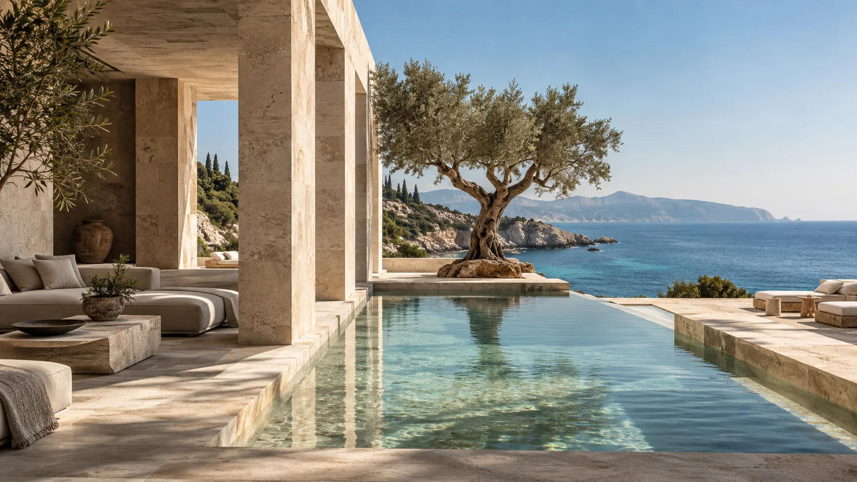 Limestone courtyard and reflecting pool looking toward the sea