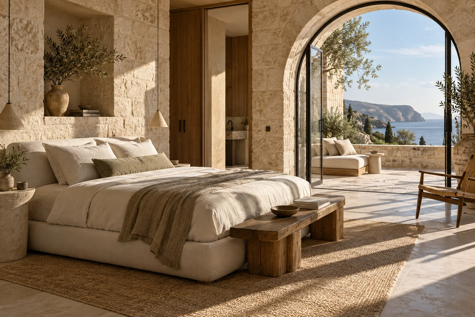 Warm, quiet stone and linen in the Courtyard Suite